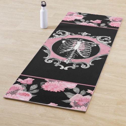 Gothic Love  Pink and Black Skeleton Heart Floral Yoga Mat