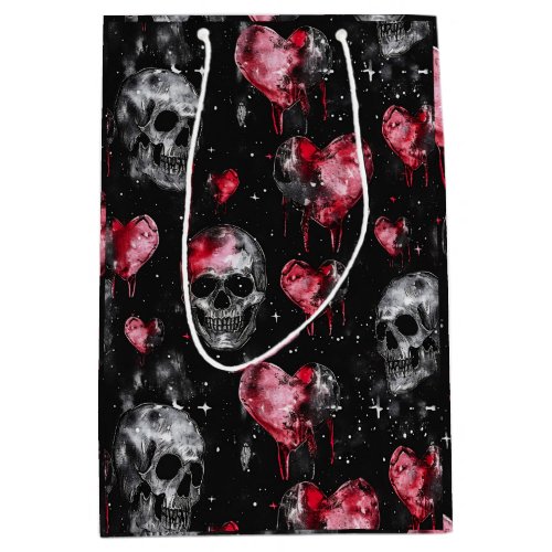 Gothic Love Skulls and Red Hearts Medium Gift Bag