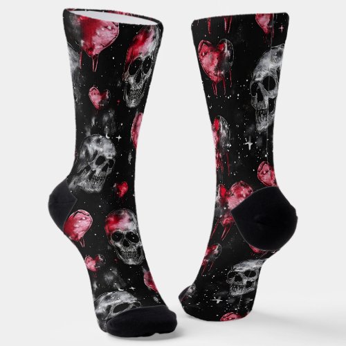 Gothic Love Skulls and Red Hearts Socks