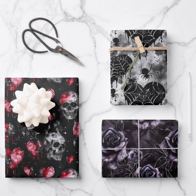 Gothic Love Skulls and Red Hearts Wrapping Paper Sheets (Front)