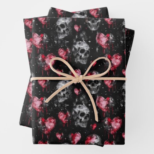 Gothic Love Skulls and Red Hearts Wrapping Paper Sheets