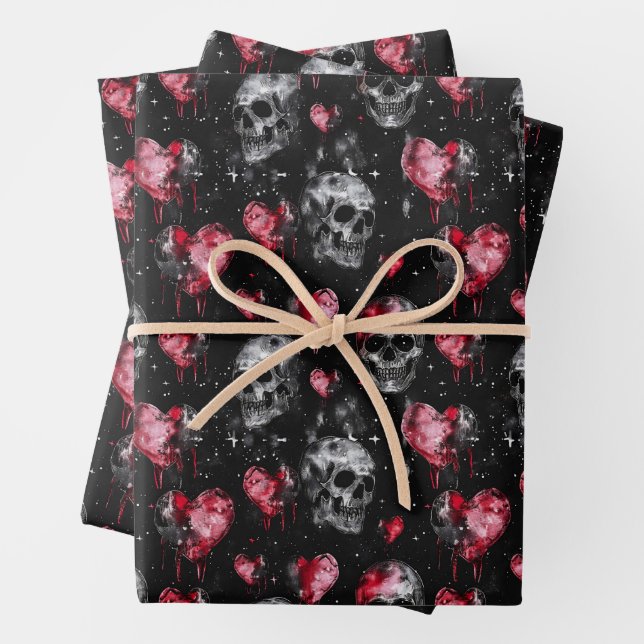 Gothic Love Skulls and Red Hearts Wrapping Paper Sheets (In situ)