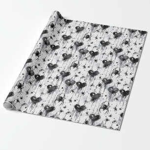 Gothic Love Spooky Spider Web with Hearts Wrapping Paper