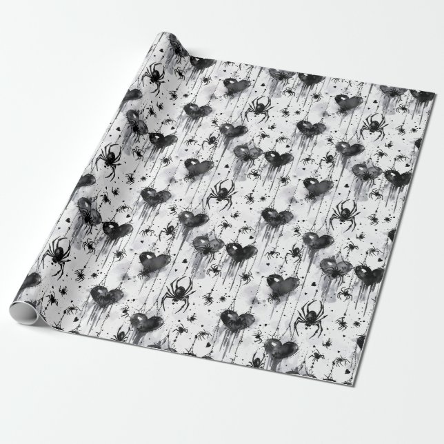 Gothic Love Spooky Spider Web with Hearts Wrapping Paper (Unrolled)