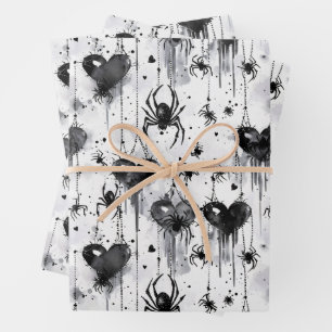 Gothic Love Spooky Spider Web with Hearts Wrapping Paper Sheets