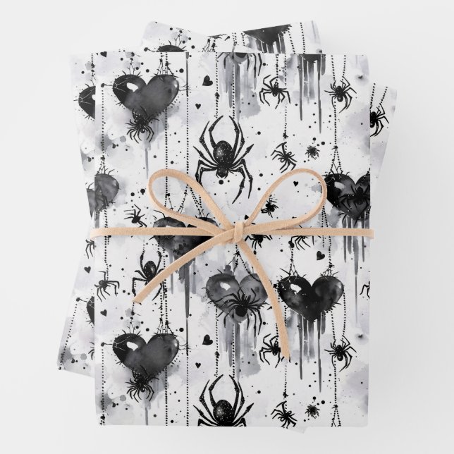 Gothic Love Spooky Spider Web with Hearts Wrapping Paper Sheets (In situ)