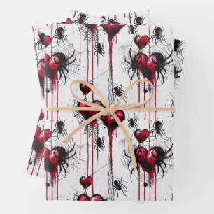 Gothic Love Spooky Spider Web with Hearts Wrapping Paper Sheets