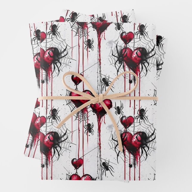 Gothic Love Spooky Spider Web with Hearts Wrapping Paper Sheets (In situ)