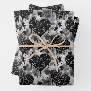 Gothic Love Spooky Spider Web with Hearts Wrapping Paper Sheets