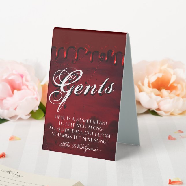 Gothic Luxe | Black and Blood Red Gents Bathroom Table Tent (In SItu (Wedding))