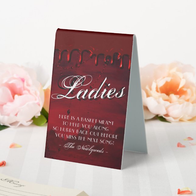 Gothic Luxe | Black and Blood Red Ladies Bathroom Table Tent (In SItu (Wedding))