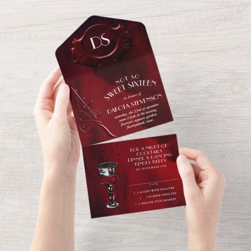 Gothic Luxe  Black and Blood Red Sweet Sixteen All In One Invitation