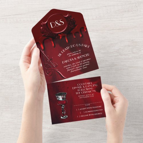 Gothic Luxe  Black and Red Blood Drip Wedding All In One Invitation