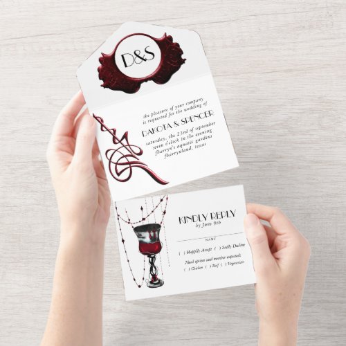 Gothic Luxe  Chic Black and Blood Red Meal Choice All In One Invitation