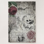 Gothic Macaber Victorian Skull & Death Ephemera Jigsaw Puzzle<br><div class="desc">Spooky classic Gothic Victorian symbols of death featuring dark red roses,  vintage funerary advertising art,  engraved skull and skeleton,  ornate scrolls,  barren tree,  illuminated Latin script and page of creepy Victorian haunted house tales on grungy distressed sepia background.</div>