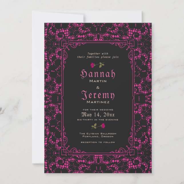 Gothic Magenta Black Lace Rose Invitation (Front)