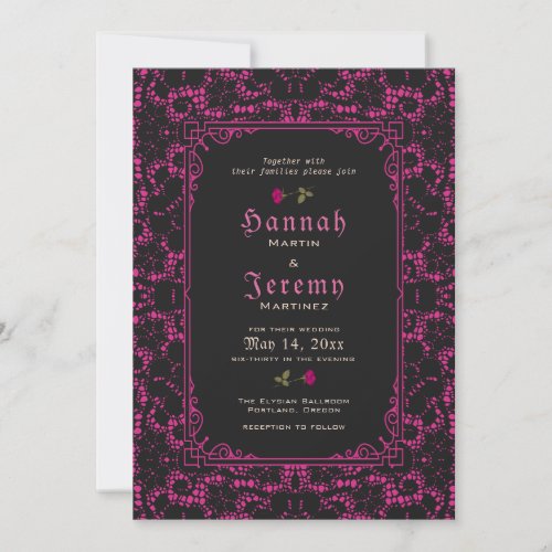 Gothic Magenta Black Lace Rose Invitation