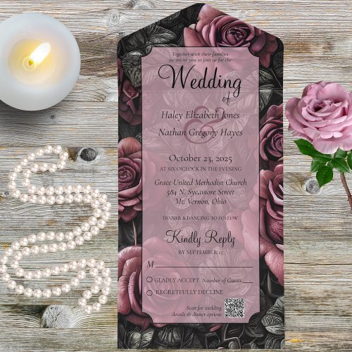 Gothic Mauve Gray and Black Roses with QR Code All In One Invitation