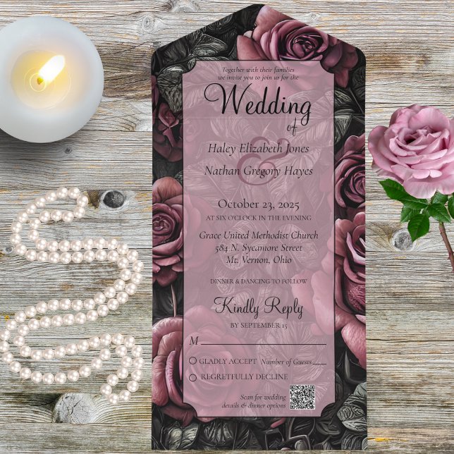 Gothic Mauve, Gray and Black Roses with QR Code All In One Invitation (Creator Uploaded)