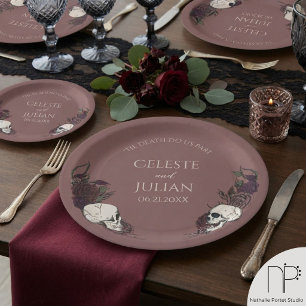Gothic Mauve Pink Floral Skull Wedding Paper Plates