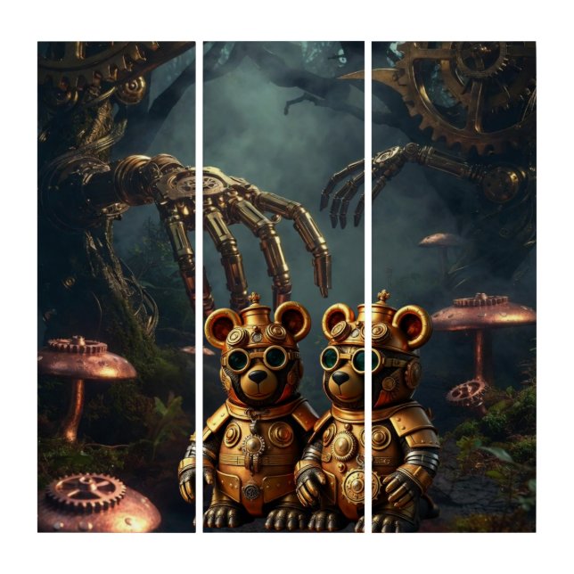 Gothic Mechanical Dark Forest Steampunk Gummy Bear Triptych (Front)