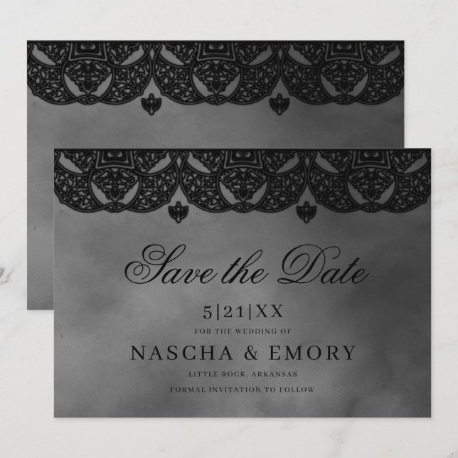 Gothic Medieval Elegant Black Lace Wedding Save The Date (Front/Back)