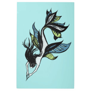 Gothic Mermaid Beautiful Blue Green Ink Drawing Metal Print