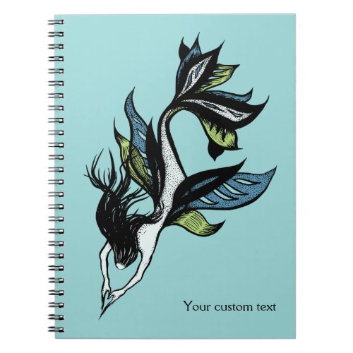 Gothic Mermaid Beautiful Blue Green Ink Drawing Notebook