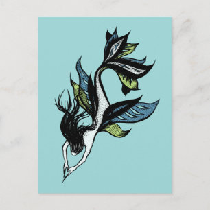 Gothic Mermaid Beautiful Blue Green Ink Drawing Postcard