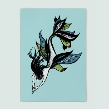 Gothic Mermaid Beautiful Blue Green Ink Drawing Poster by borianag at Zazzle