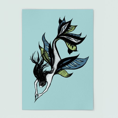 Gothic Mermaid Beautiful Blue Green Ink Drawing Poster