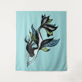 Gothic Mermaid Beautiful Blue Green Ink Drawing Tapestry
