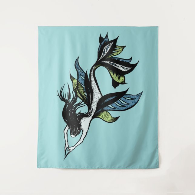 Gothic Mermaid Beautiful Blue Green Ink Drawing Tapestry (Front)