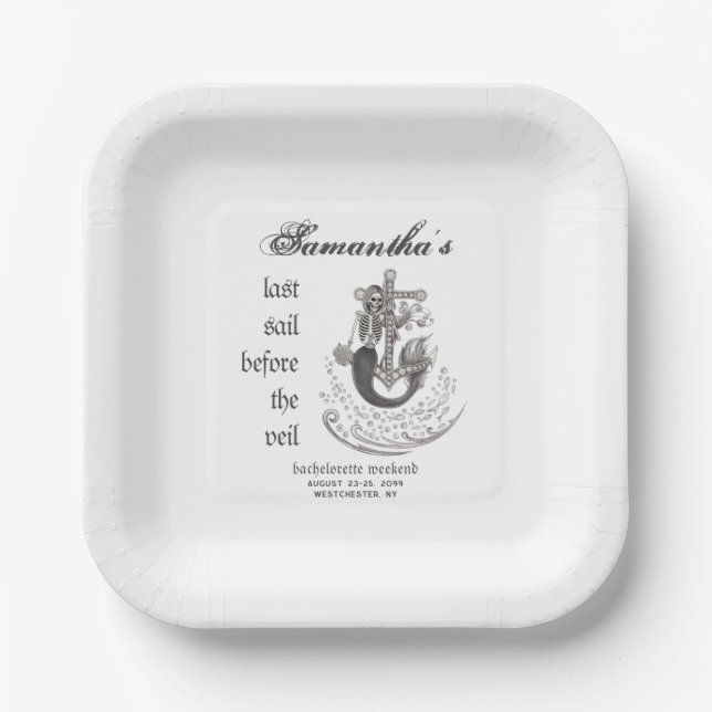 Gothic Mermaid Last Sail Veil Bachelorette Party Paper Plates (Front)