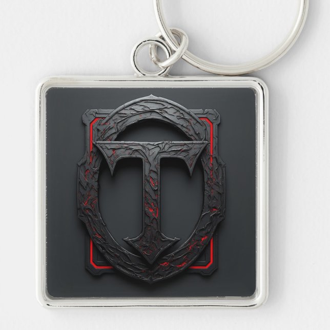 🛡️ Gothic Metal T Shield Emblem Red Accent 🔑 Keychain (Front)