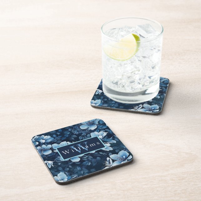 Gothic Midnight Garden Blue Flowers Beverage Coaster (Right Side)