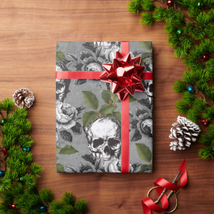 Gothic Mistletoe, Roses and skull Christmas Wrapping Paper