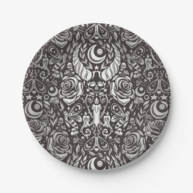 Gothic monochrome pattern paper plates (Front)