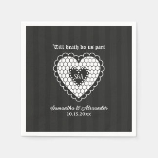 Gothic Monogram Black Lace Heart Wedding Favors Napkins