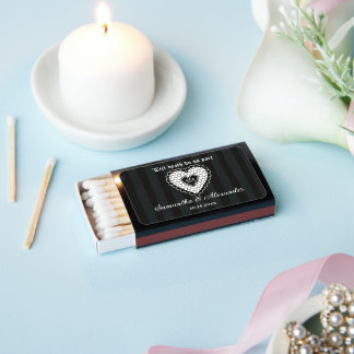 Gothic Monogram Black Lace Heart Wedding Reception Matchboxes