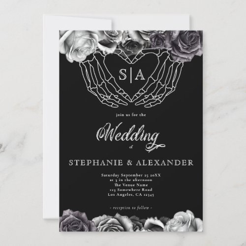 Gothic Monogram Roses Skeleton Hands Wedding Invitation