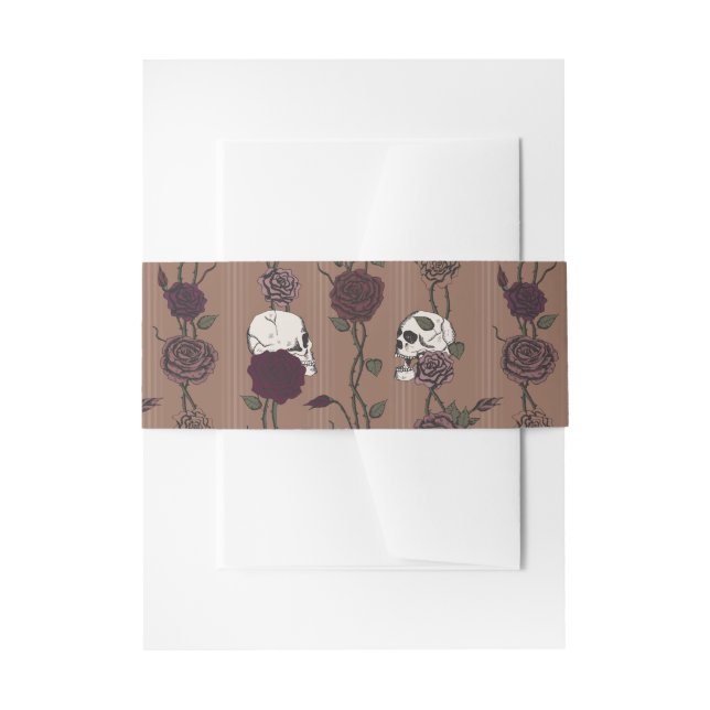 Gothic Monogram Skull & Rose Tan Brown Wedding Invitation Belly Band (Front Example)