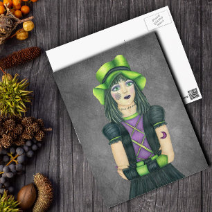 Gothic Monster Girl Green Hat Tattoos on Gray Postcard