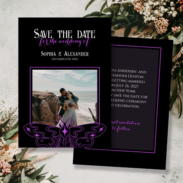 Gothic Moody Black and Purple Wedding photo  Save The Date (Creator Uploaded)