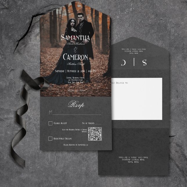 Gothic Moody Black Elegant Photo QR Code All In One Invitation (Gothic Moody Black Elegant Photo All In One Invitation with QR Code)