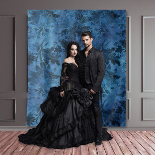 Gothic Moody Damask Black & Blue Vintage Damask Tapestry