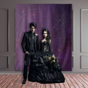 Gothic Moody Damask Black & Purple Gold Spider Web Tapestry