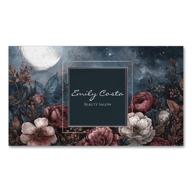 Gothic Moody Floral Red Cream Peony Gold Frame Business Card Magnet (Front)