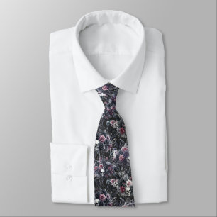 Gothic Moody Flowers Skulls and Crows Neck Tie