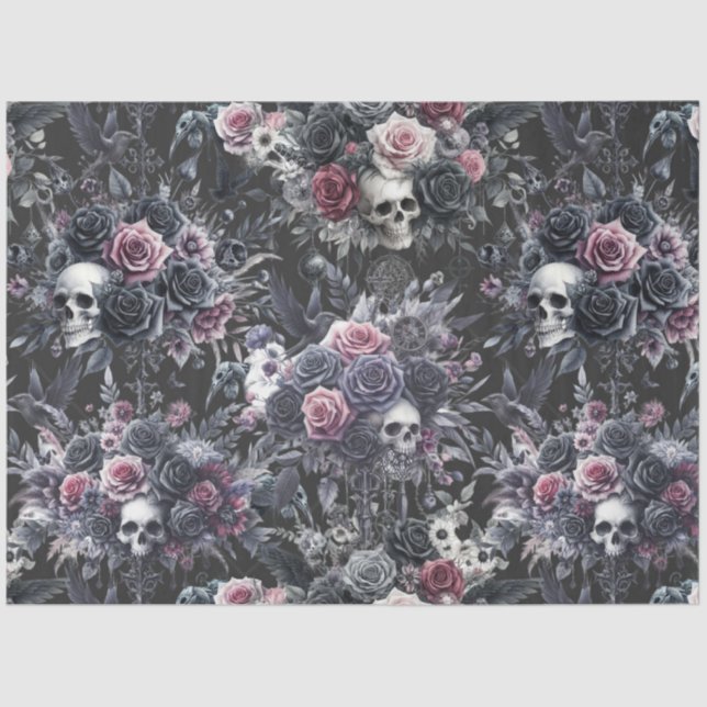 Gothic Moody Flowers Skulls and Crows Tissue Paper (Front)